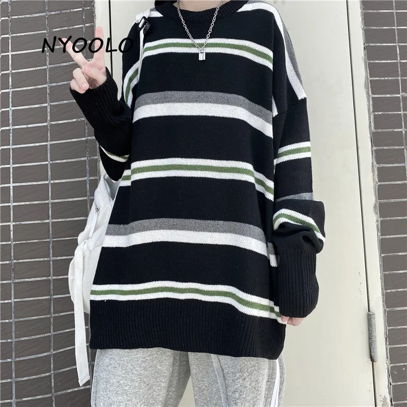 

NYOOLO Autumn Winter Warm Knitwear Tops Casual Classic Striped O-Neck Long Sleeve Knitted Pullovers Sweaters Women Men Clothing