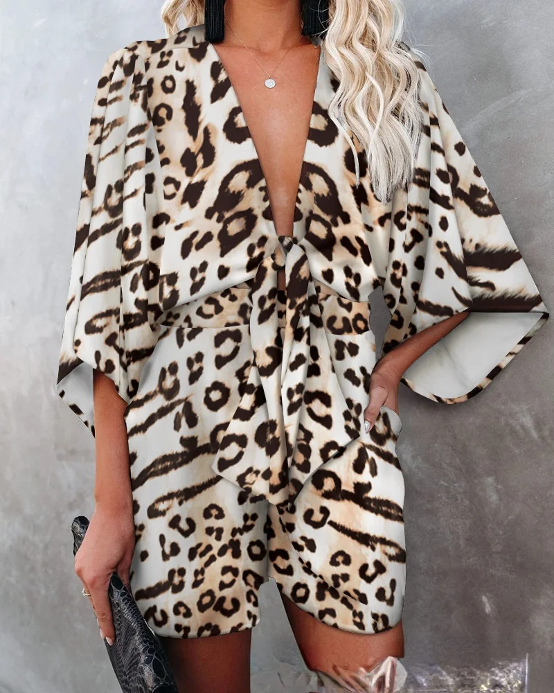 

2021 new spot cross border summer women's leopard loose tie Jumpsuit