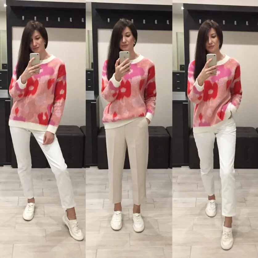 

Autumn Winter Mohair Sweater Women's Pullover O-neck Long Sleeve Flower Pattern Sweet Knitting Jumper Top pull femme p2041