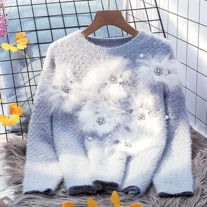 Женский свитер с блестками, повседневный вязаный пуловер с цветочной аппликацией и стразами, модель NS563