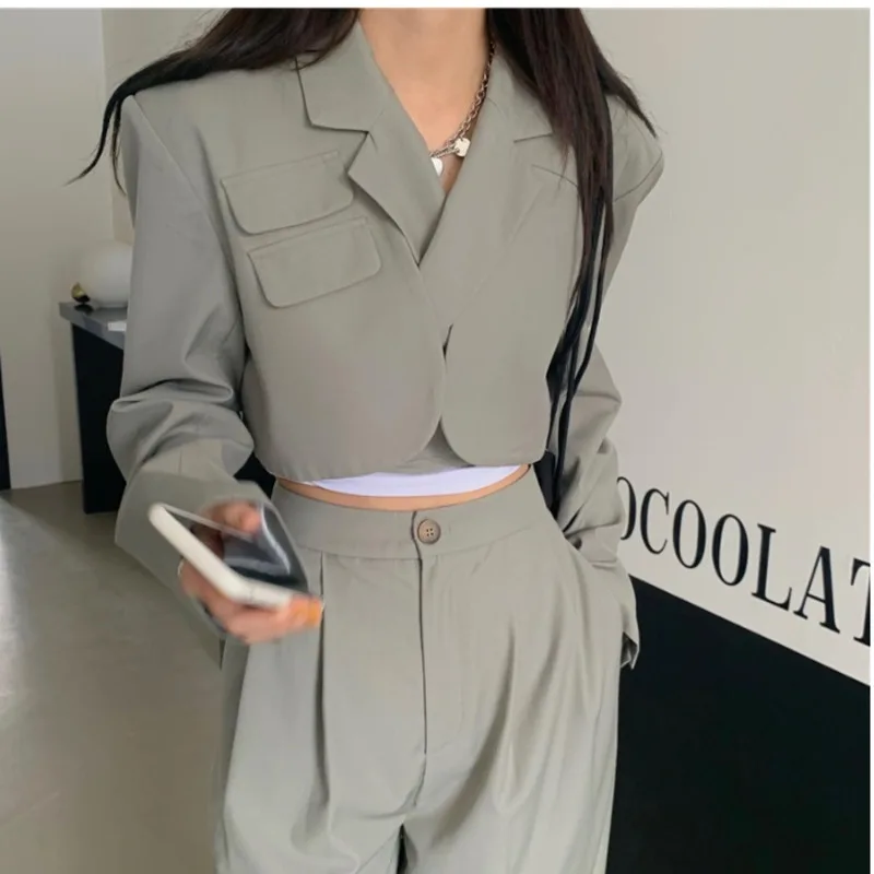 Y Demo Casual Elegant V-neck Long Sleeve Lace-up Short Blazer Women Loose High Waist Pants Suit Set |