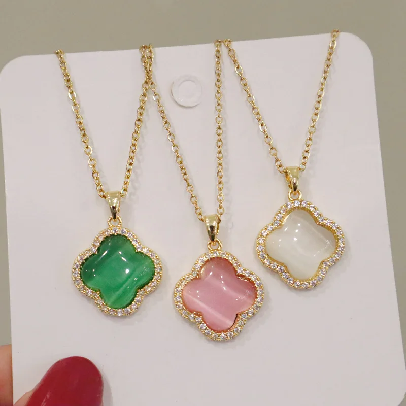 

New Cat's Eye Micro-inlaid Four-leaf Clover Pendant Titanium Steel Clavicle Chain Niche Design Wild Simple Ins Jewelry
