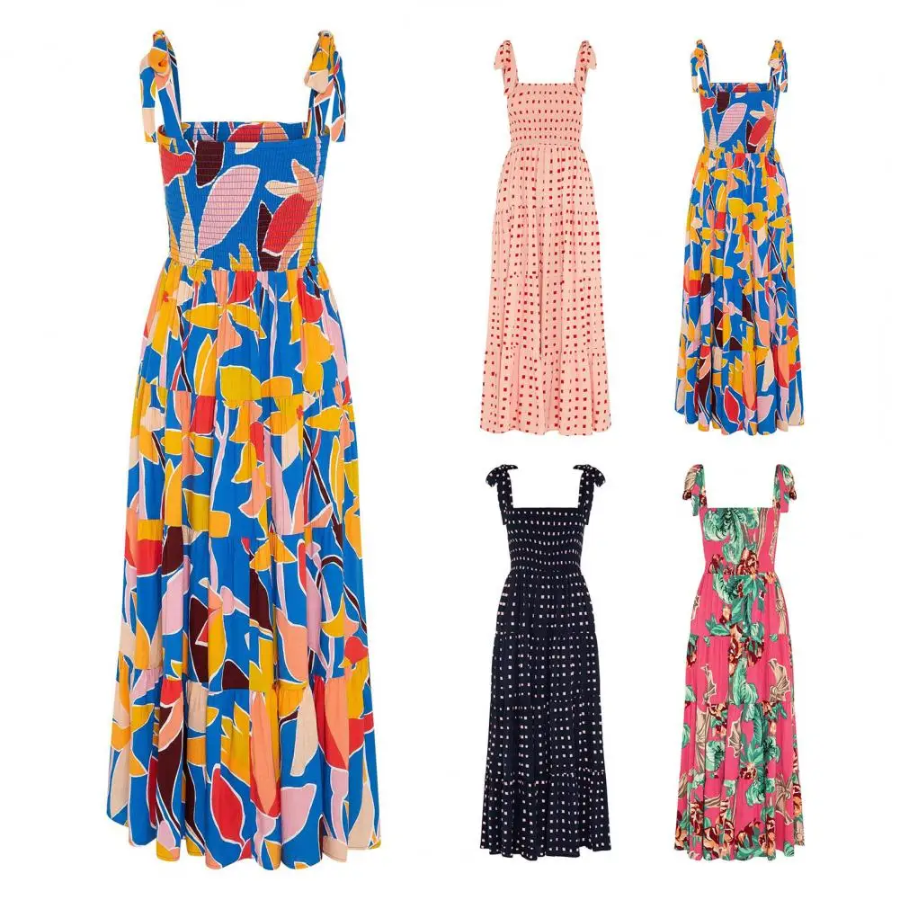 

Thin Sweet Square Neck Print Women Dress Cool Slim Dress High Waist for Vacation