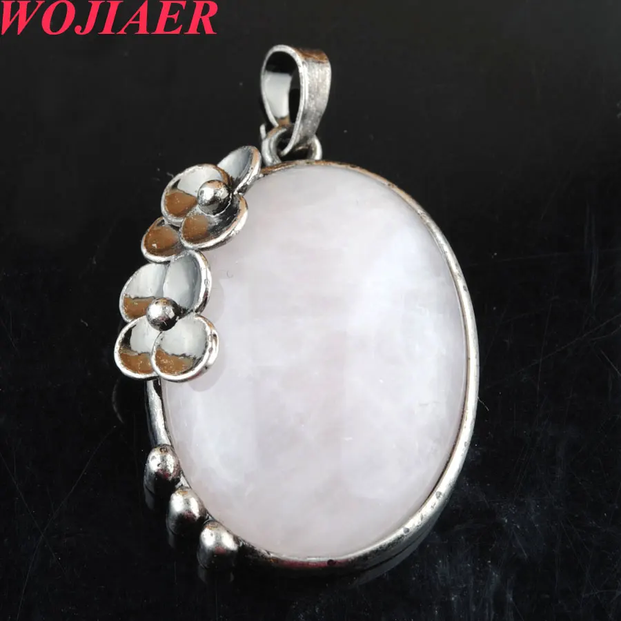 

WOJIAER Vintage Egg Shaped Natural Stone Rose Quartzs Pendant Antique Silver Color Plated Flower Charm Necklaces Jewelry PO9089