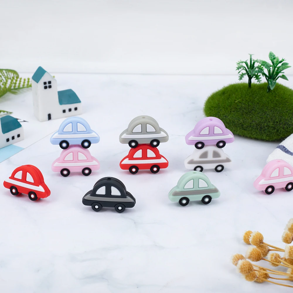 

Sunrony 50pcs Cartoon car Baby Rodent BPA Food Free Silicone Teething Nursing Pacifier Clip Silicone Beads