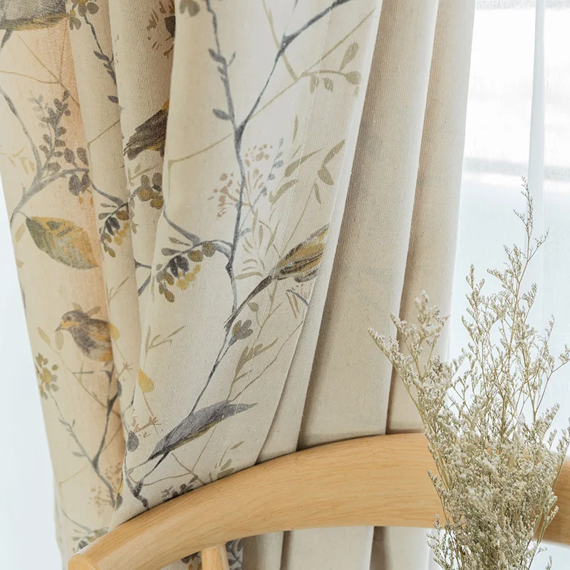 

European Style 2021 New Exquisite Printed Fabric Bird Branch Retro New Chinese Style Curtains for Living Dining Room Bedroom