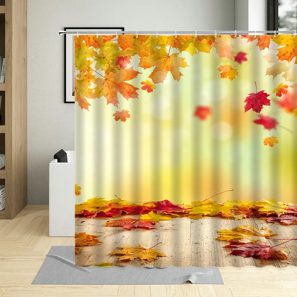 

Осенняя занавеска для душа с рисунком кленовых листьев, опущенный естественный ландшафт, декоративная ткань для ванной с крючком, моющаяся