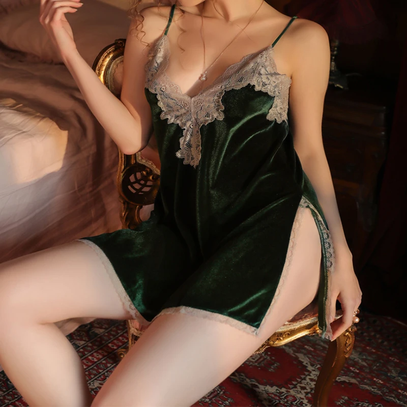 

Autumn Winter Women's Sexy Lingerie Nightdress Deep V-neck Split Sling Halter Nightdress Nightgown Thong Sleepwear Set