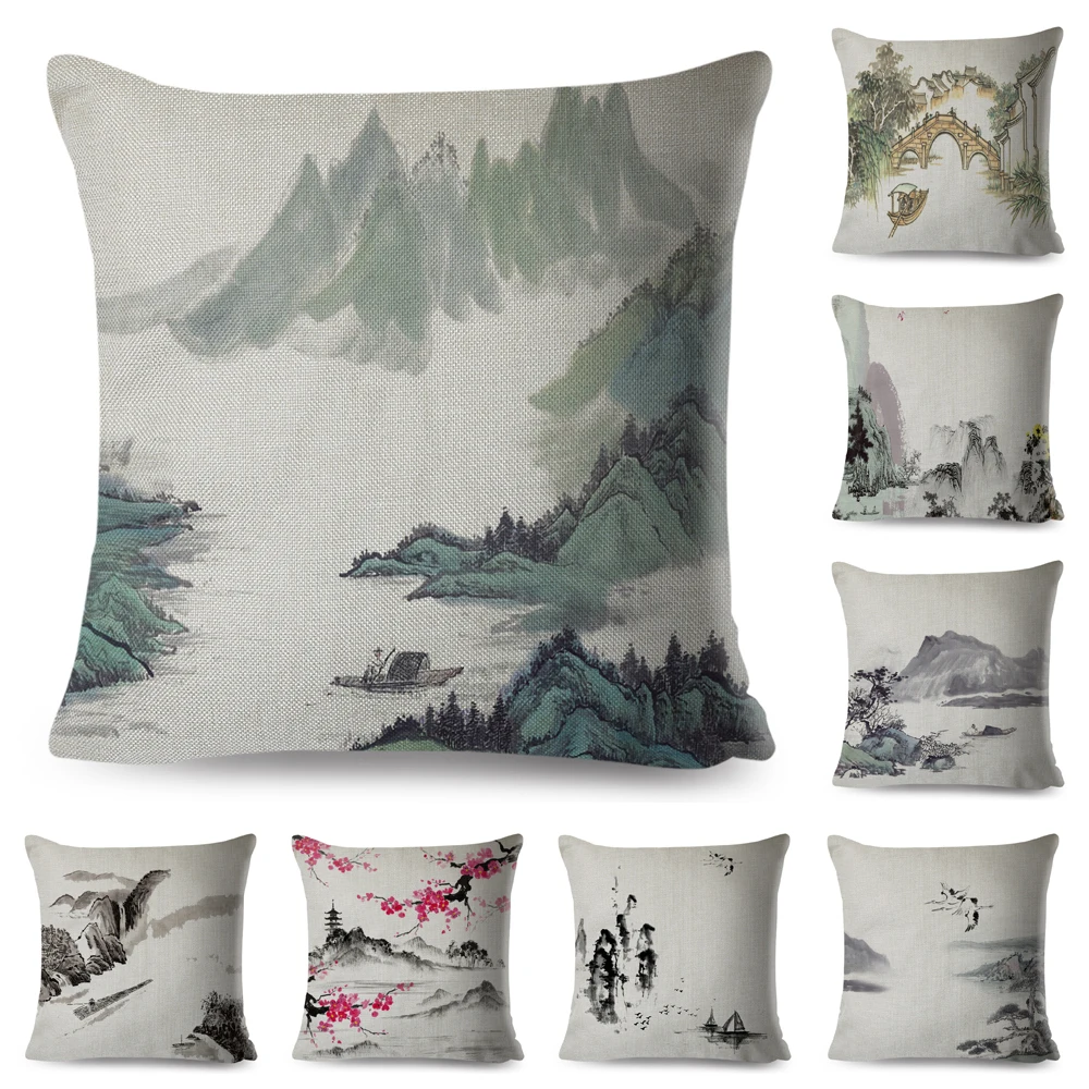 

Chinese Ink Cushion Cover for Sofa Home Chair Car Decorative Beautiful Scenery Pillowcase Polyester Pillow case 45x45cm