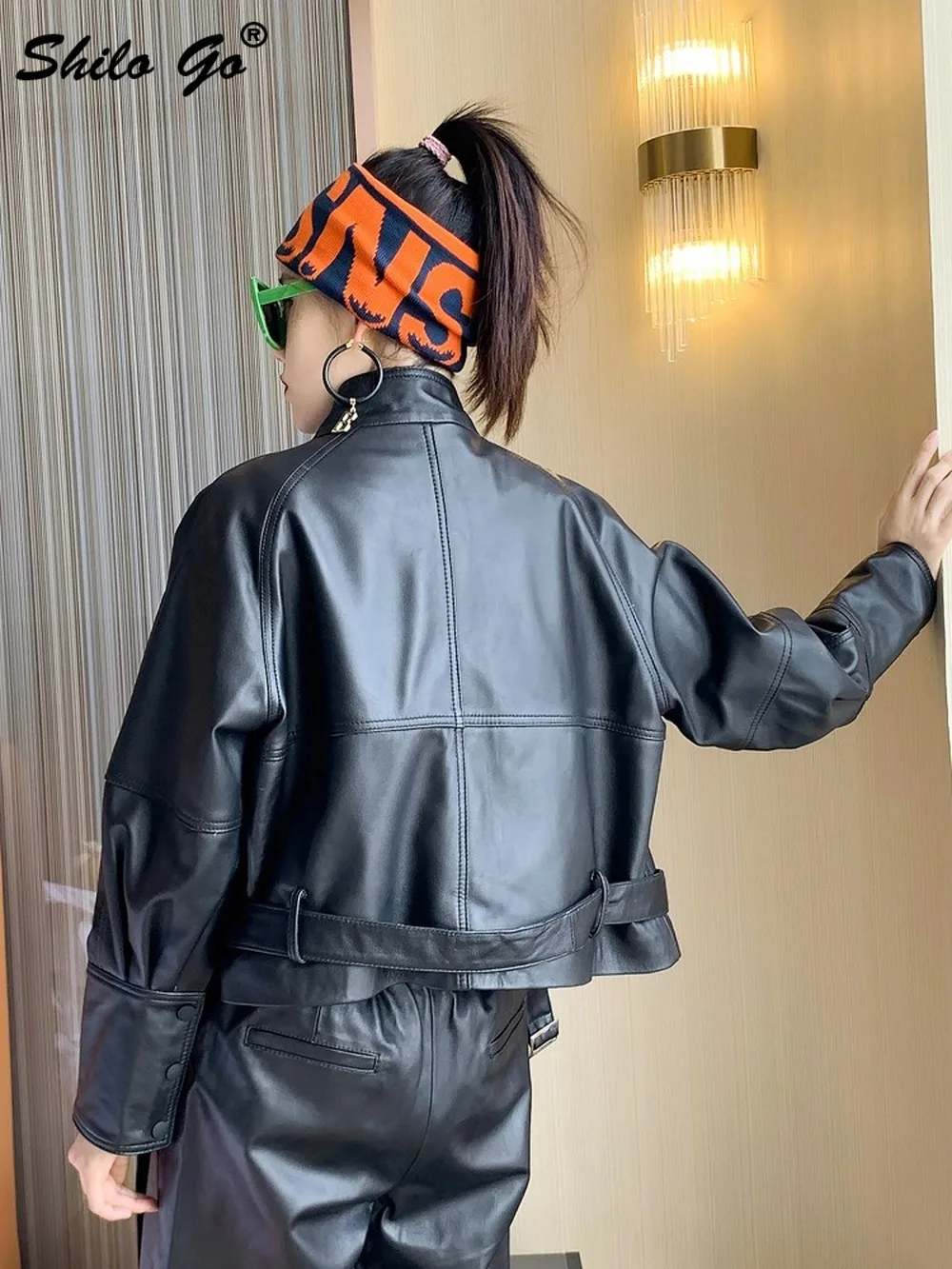 

Safari Style Buckle Belted Drop Shoulder Plus Pockets Detail Black Jacket Women Autumn Genuine Leather Coat Sheepskin Outwear