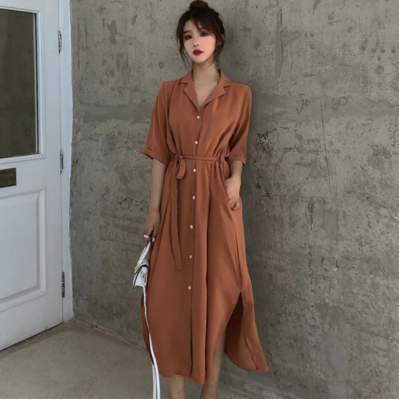 Женское повседневное однобортное платье-рубашка элегантное Свободное длинное