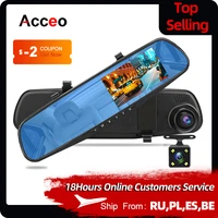 acceo 4 3 inch rearview mirror camera full hd 1080p car dvr rearview mirror video recorder dual lens dashcam 24h parking sensors
