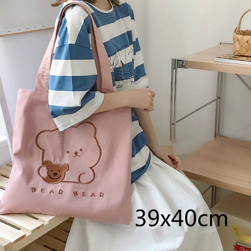 Student Girl Book Shoulder Bags Cute Biscuit Bear Women Canvas Handbags Large Capacity Ladies Shopping Bag Embroidery Cloth Tote | Багаж и
