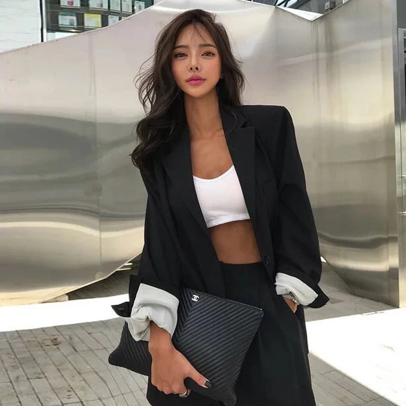 Женский однобортный Блейзер однотонный черный пиджак оверсайз верхняя одежда на
