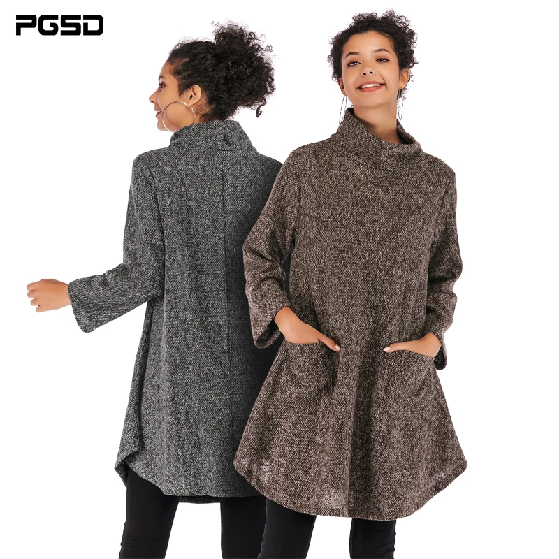 PGSD Autumn winter simple Big size Women knitted sweater pocket Long stripe Pullover loose casual Warm Turtleneck female clothes | Женская