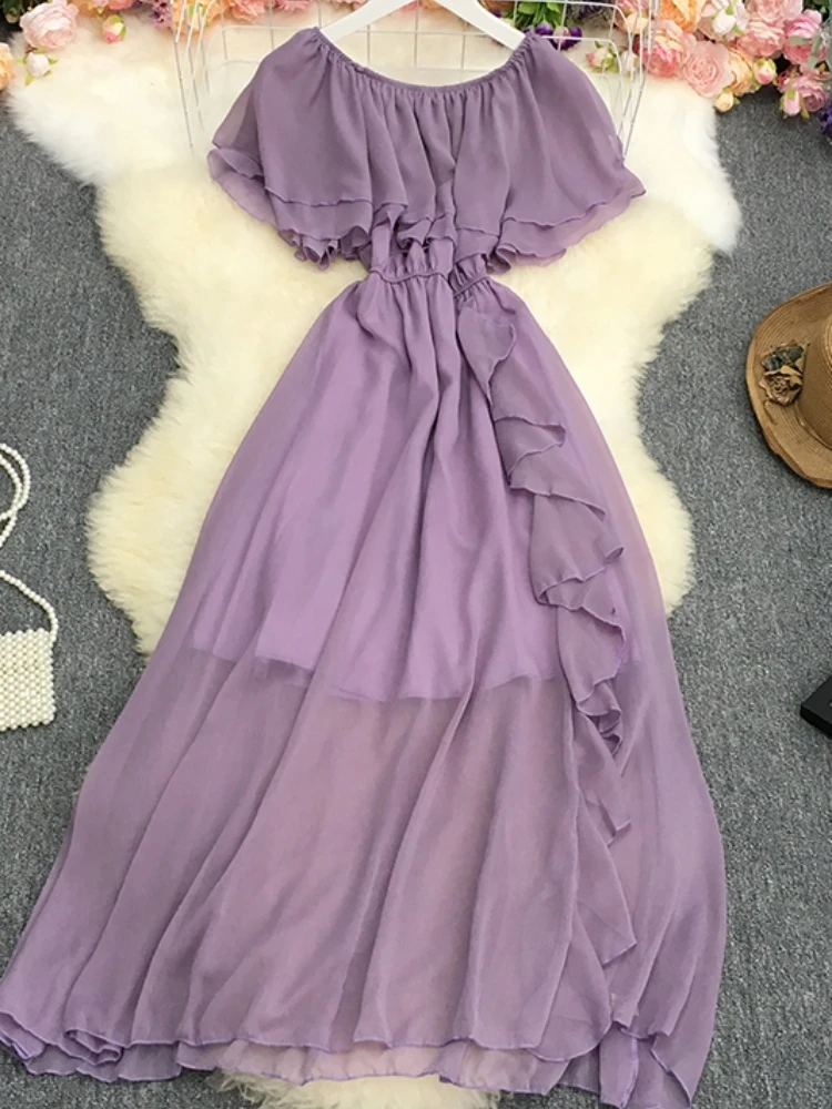 

Aibeautyer New Summer Solid Slim Short Lady Dress A Line Slash Neck Chiffon Pullover High Waist Mid-Calf Women Medium Dresses