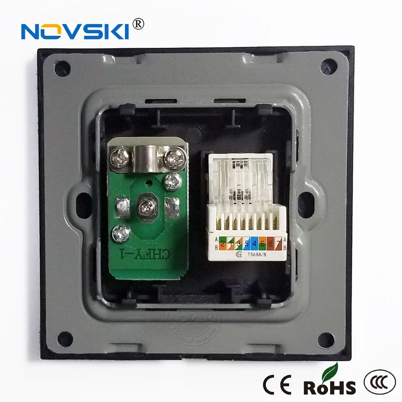 NOVSKI RJ45 Cat6 10 Гбит/с компьютер LAN Ethernet стены данных коаксиальный ТВ Антенна Разъем Кристалл Закаленное стекло панель 86*86 мм