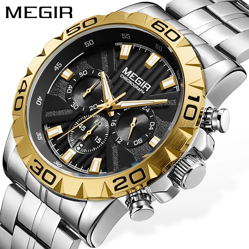 

MEGIR 2021 New Sports Stainless Steel Strap Fashion Men's Waterproof Calendar Multifunctional Steel Band Quartz Watches 2087G