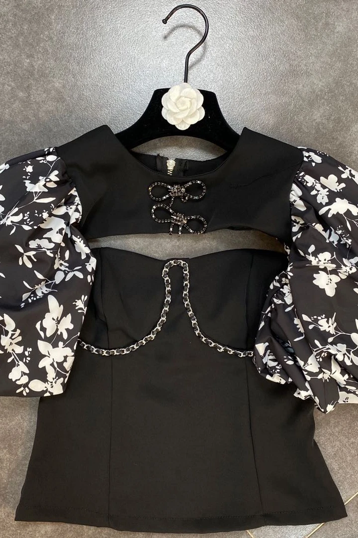 

ZCSMLL Vintage Streetwear Style Women Tops Floral Bubble Sleeve Short Blouse with Chain Tube Top Two-piece Summer 2021