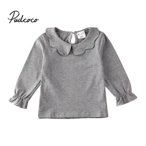 PudcocoДетская Хлопковая футболка с длинными рукавами для маленьких девочек; пуловер; От 1 до 7 лет одежда для детей; повседневные однотонные топы с оборками; футболка; цвет серый, розовый, белый