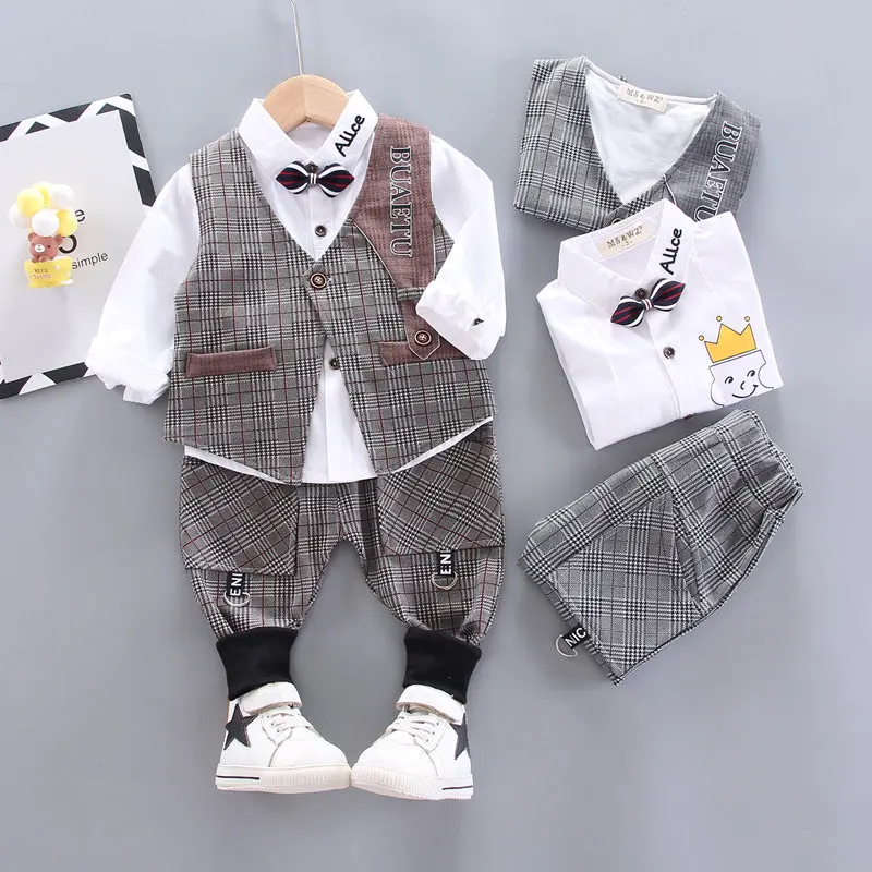 

New Spring Baby Clothes Children Boys Cotton Plaid Vest Shirt Pants Gentleman 3pcs/sets Kid Infant Casual Sportswear Suit Set