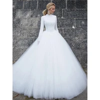 sexy wedding dresses tulle appliques beading pleat high collar full sleeve zipper ball bridal gowns novia do 2021 new