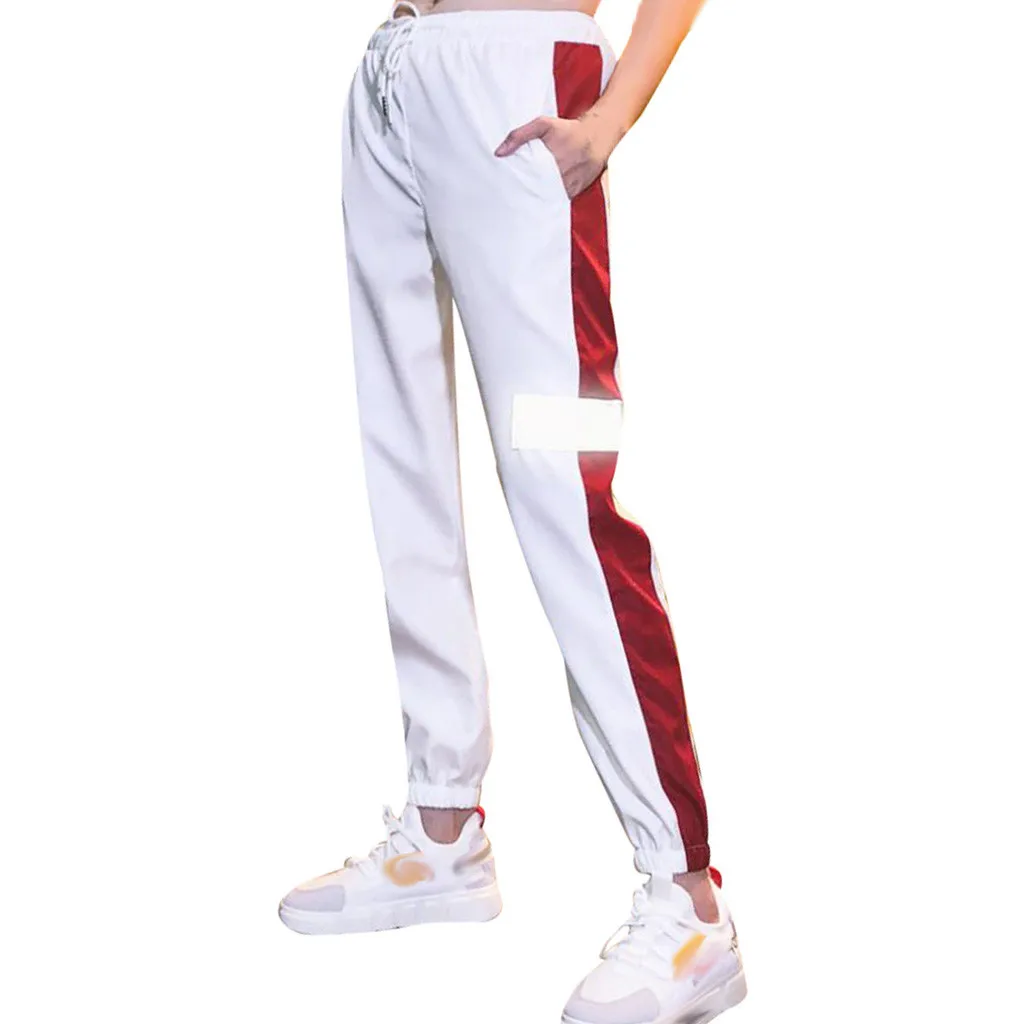 Бесплатная Страусиные брюки женские светоотражающие полосы сшитые ремень