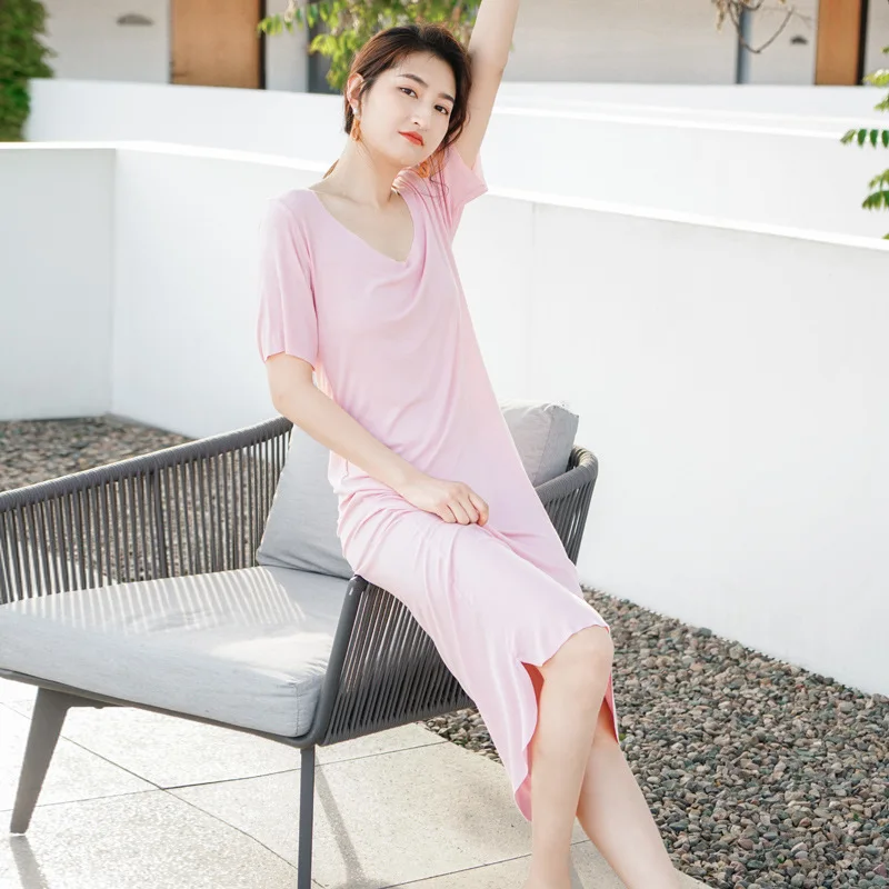New Summer Autumn Modal Slim Round Neck Nightgown Solid Color Long Skirt Women's Nightdress Home Wear Comfortable Soft Nightwear