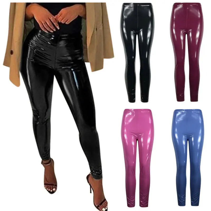 

US Women Long Pants Shiny PU Leather Leggings Ladies Solid High Waist Latex Leather Pants Tight Trousers S-XL