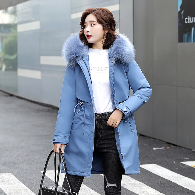 Wool Liner Long Jacket for Women Hooded Solid Plus Size Parkas Female Winter Slim Korean Style with Fur Collar Women's Coats
