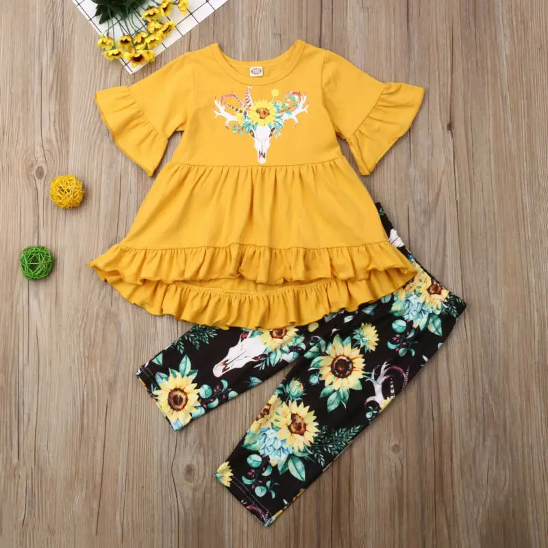 2-7T Kids Baby Girls Flare Sleeve Flower print Top Dress + Long Pants Leggings Outfits 2PCS Set Summer Clothes | Детская одежда и