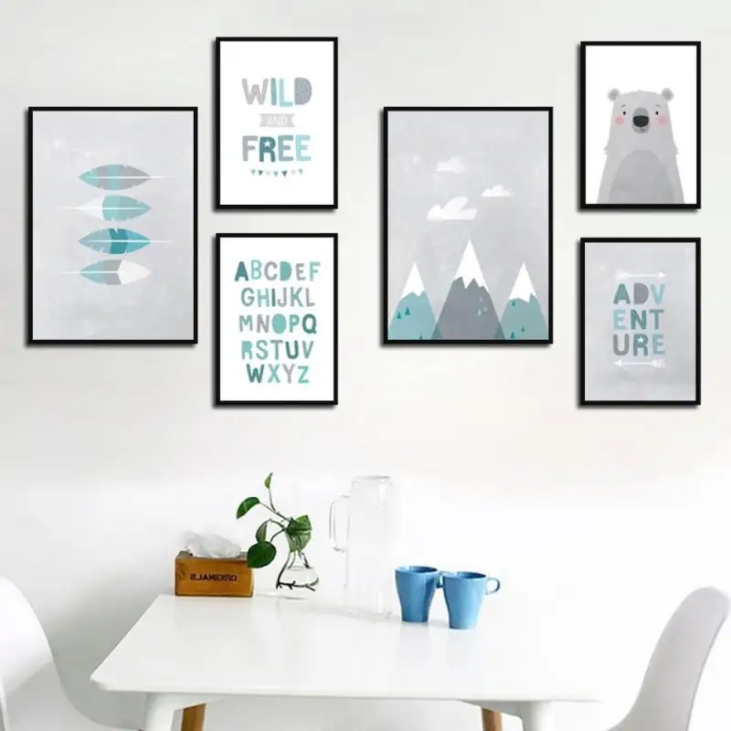 

Cartoon Poster Bear Mountain Feather Arrow Adventure Quote Wall Art Canvas Painting Nordic Wall Picture Baby Kids Room Decor