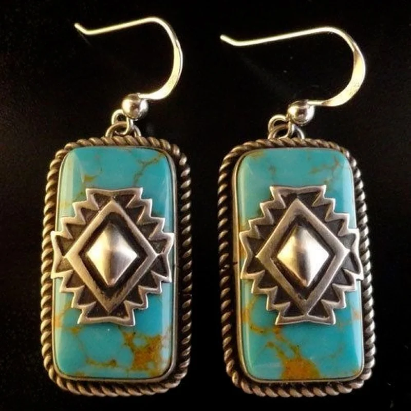 

Vintage Silver Jewelry Turquoise Dangle Hoop Earrings Anniversary Proposal Gift