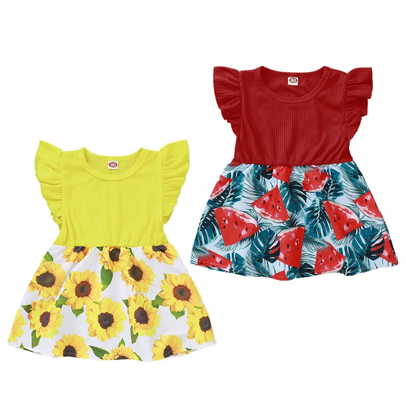 Летняя одежда для детей повседневное желтое красное платье маленьких девочек с