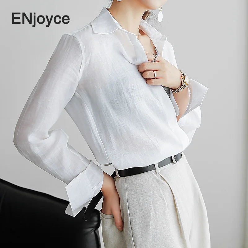 

Casual White Blue Linen Long Sleeve Blouse Women Korean Style Slim Shirts Office Ladies Work Wear Thin Shirt Spring Summer 2021