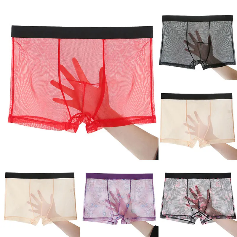 

Summer Men Panties Soft Transparent Ultra-thin Underpants Male Simple Fashion Solid Color Sexy Mesh Floral Print Underwear