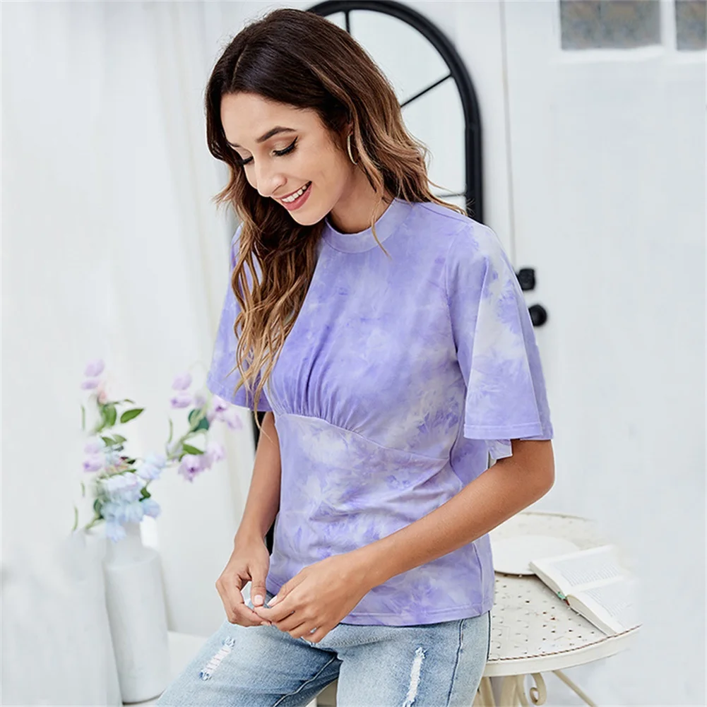 

GREYGEM Summer Woman T-Shirts with Short Sleeve Fashion Tie Dye Print Tops Thin Shirring Milk Silk Casual Female Clothes