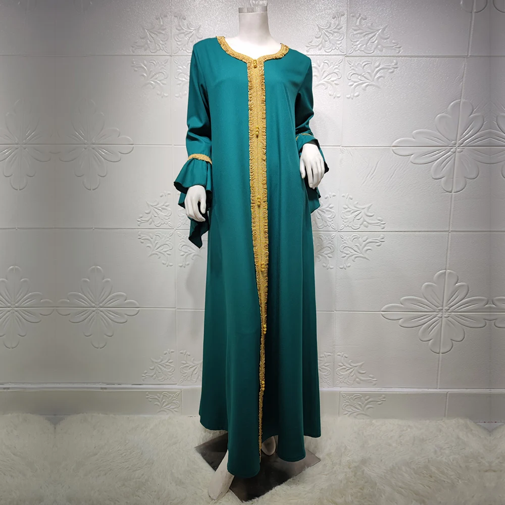 

Fashion Muslim Ruffle Sleeve Jalabiya Eid 2021 White Hijab Dress For Women Dubai Moroccan Arabic Clothes Golden Lace