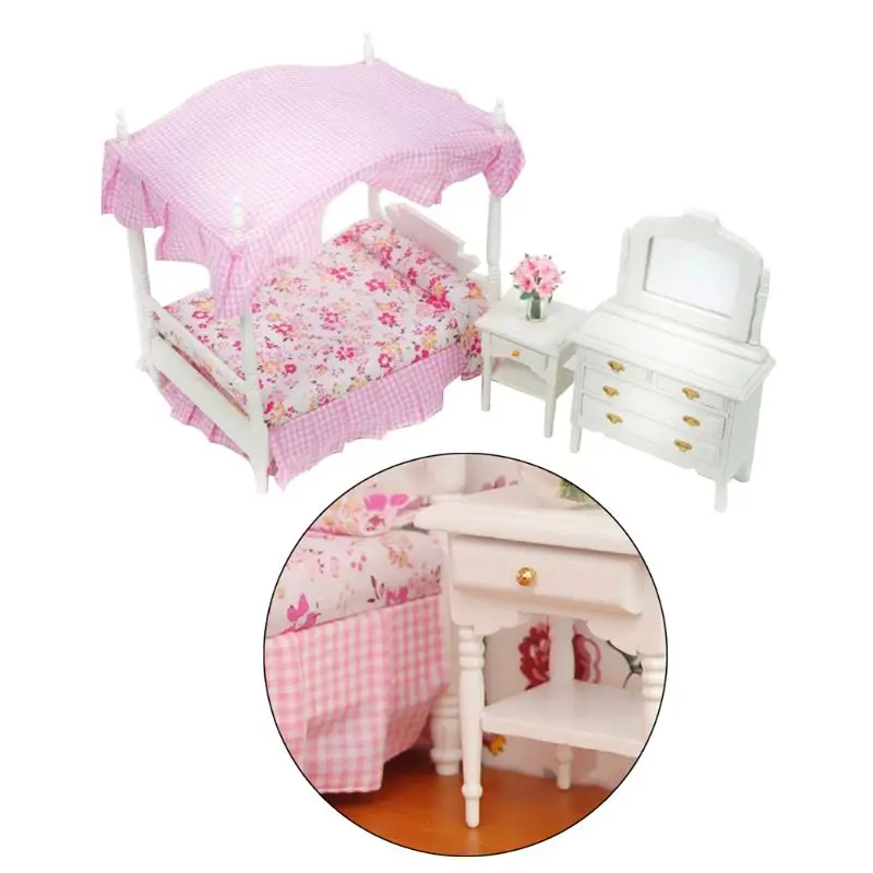 

1:12 Dollhouse Miniature Bedroom Furniture Princess Canopy Bed Dresser Bedside XX9E