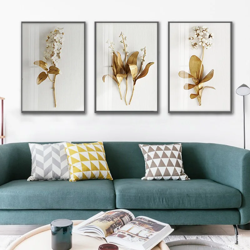 Современные золотые листья и цветы Картина на холсте для гостиной декор стену