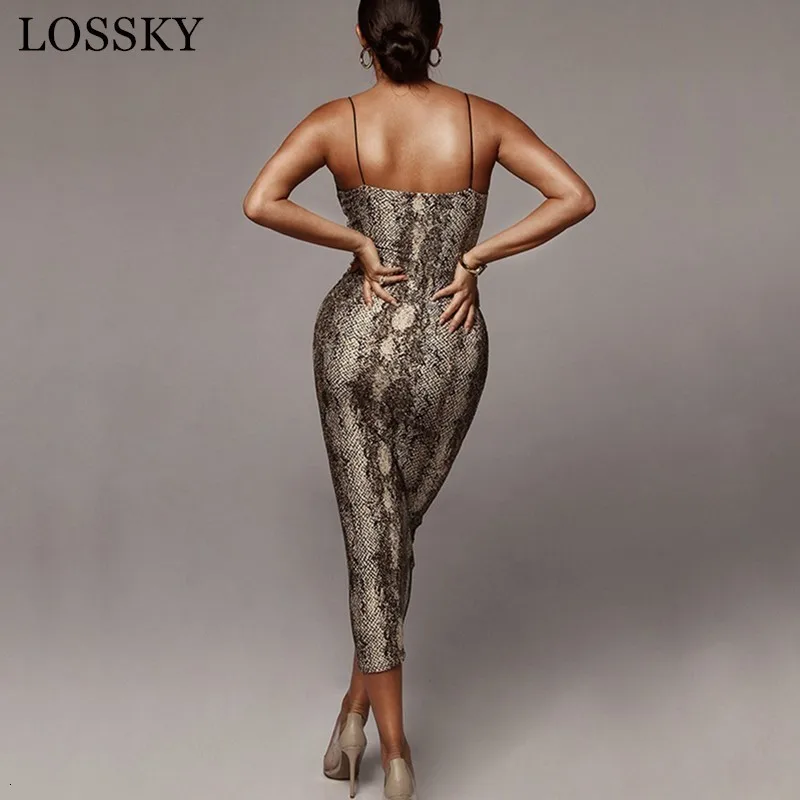 Sexy Leopard Snake Print Strap Midi Party Dress Sleeve Lace Bodycon Backless Slim Summer Elegant Long Beach Vestidos Robe | Женская