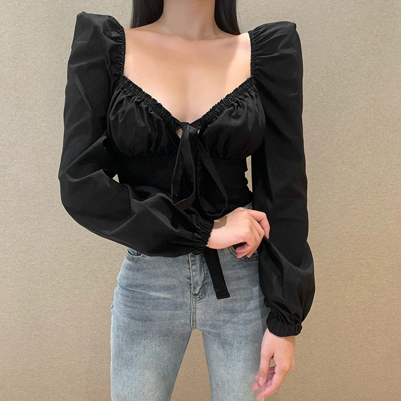 Autumn Vintage Long Sleeve Blouse Women V-Neck Folds Design Big Backless Tight Short Shirt Tops | Женская одежда