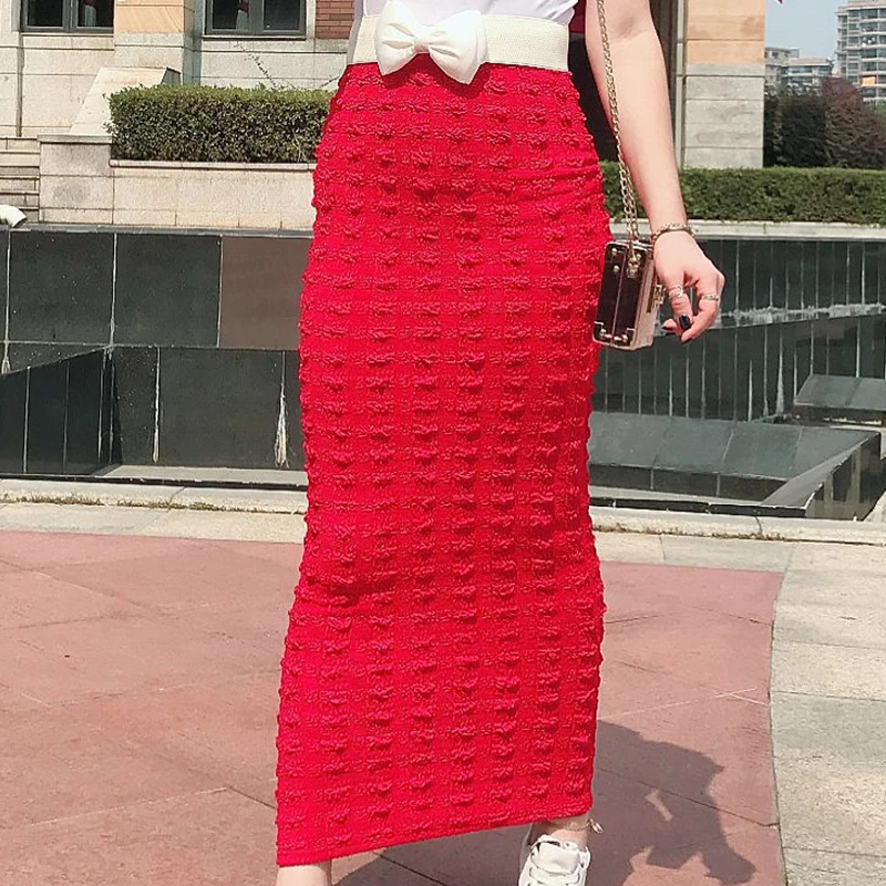 Red Skirt Siskakia, макси юбка, модная, бесшовная, супер эластичная, Вязанная, облегающая, юбка-карандаш, длиной до щиколотки, Осень-зима, мусульманская одежда, новинка - Цвет: Red Skirt
