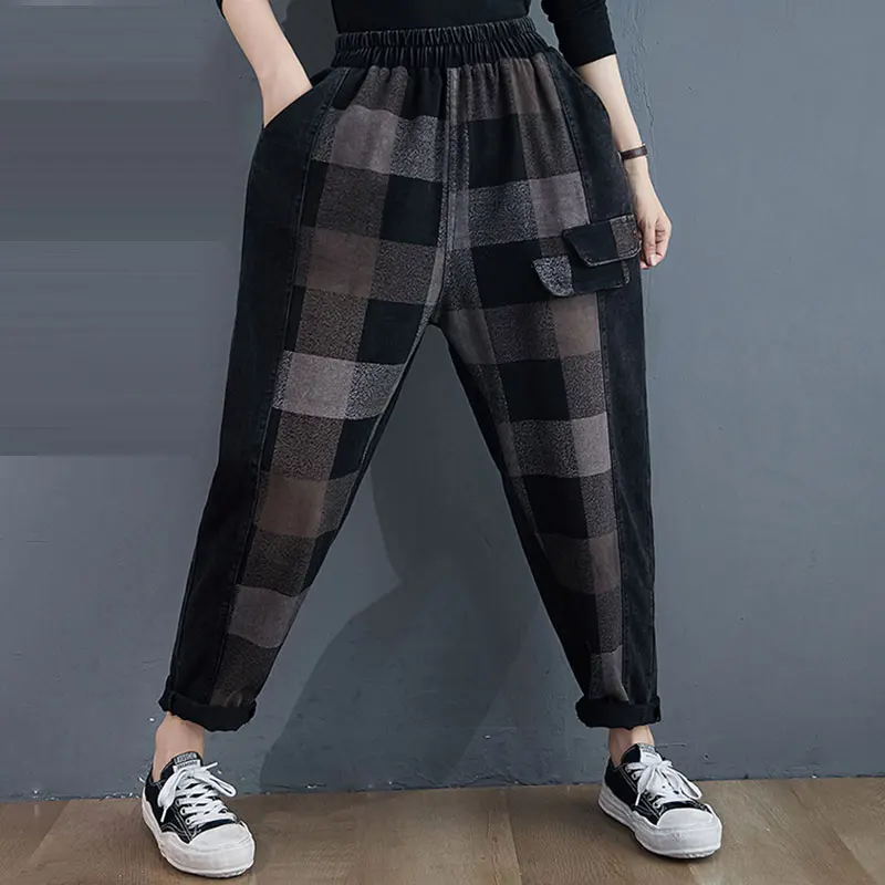 

2020 Autumn Winter New Arts Style Women Elastic Waist Loose Casual Jeans Patchwork Plaid Denim Harem Pants Plus Size M969