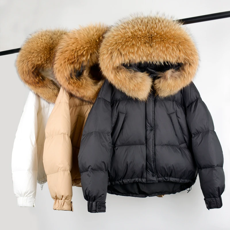 

Short Puffer Jacket 2021 Winter Women 90% Duck Down Coat Large Natural Raccoon Fur Collar Hooded Thickness Female Parkas