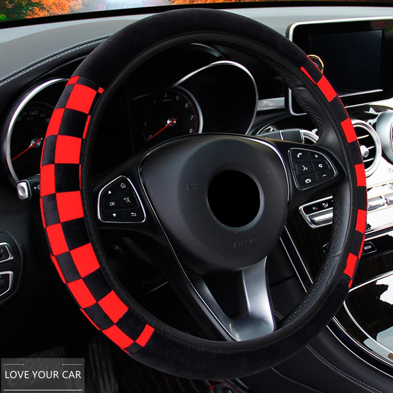 

Black And White Plaid Plush Car Steering Wheel Cover Without Inner Ring Elastic Sports Grip