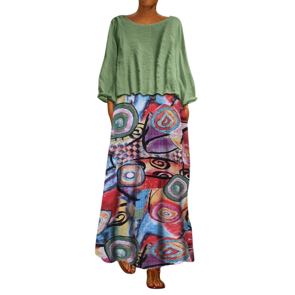 2019 Весна Лето Новое Женское винтажное платье из двух частей с этническим принтом