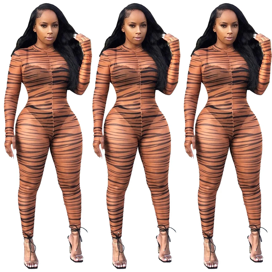 

Женский сетчатый комбинезон с длинным рукавом, с принтом тигра, с круглым вырезом, прозрачное боди, Женское боди L8094