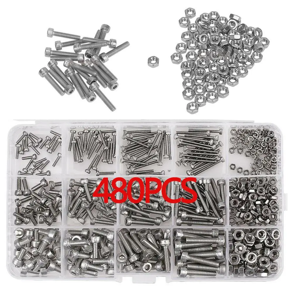 Комплект гаек с шестигранной головкой из нержавеющей стали 480 шт. M2 M3 M4 304 +