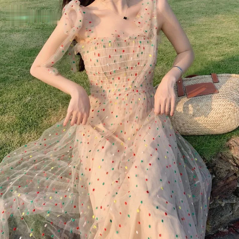 

2021 Women Cottagecore Aesthetic Fairy Dress Sexy High Waist Dot Dresses Female Korean Elegant Kawaii Vestidos De Fiesta Dress